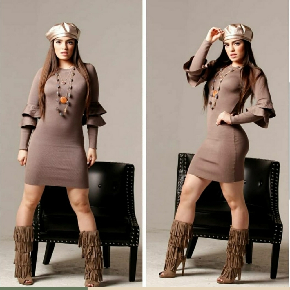 Tan ruffled sleeve  dress